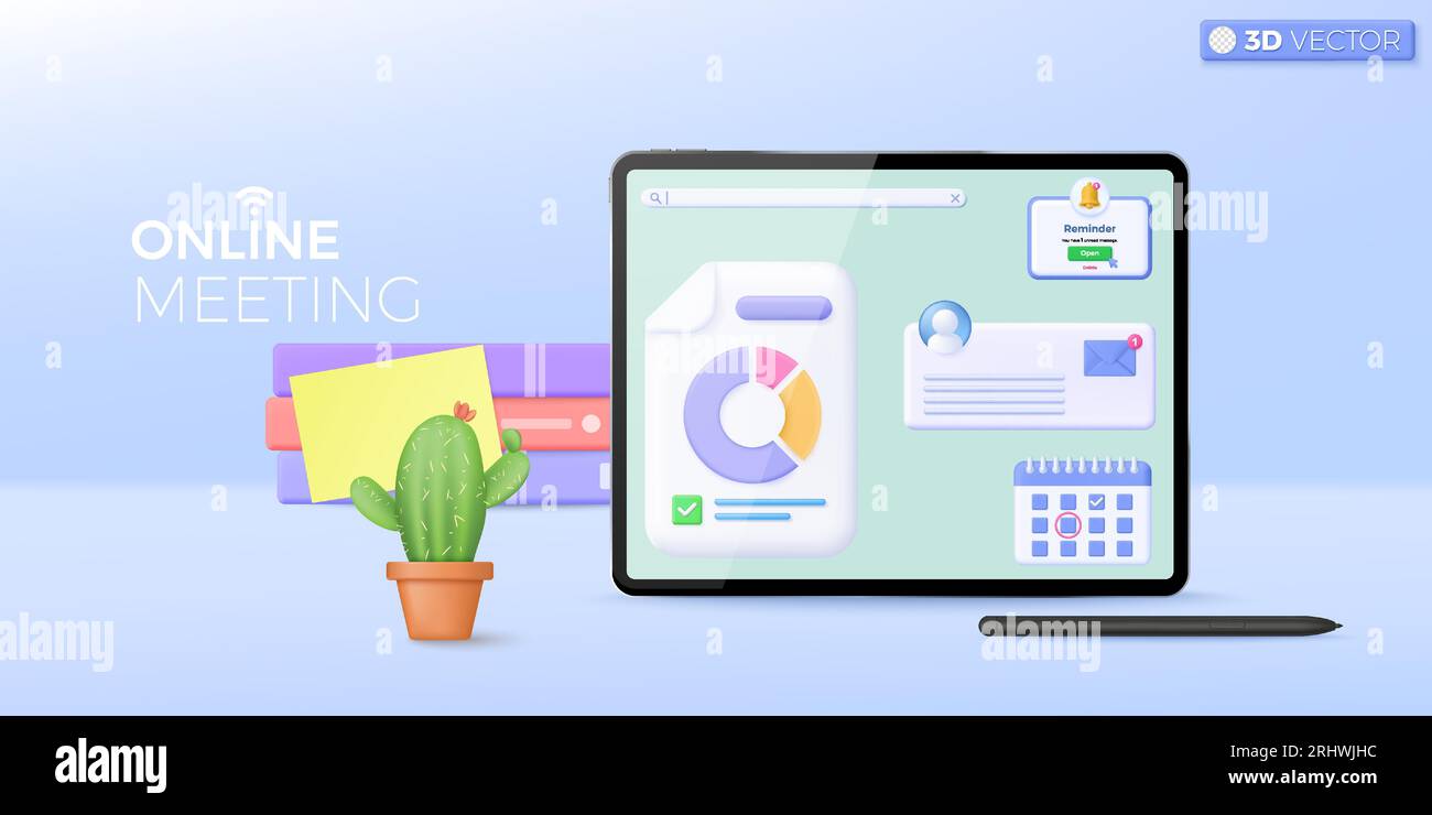 Symbol für 3D-Online-Besprechung. Notebook-Computer, Buchstapel, Diagramm, Erinnerung, Benachrichtigungsglocke, Kalender, Online-Konferenzkonzept. 3D-Vektor i Stock Vektor