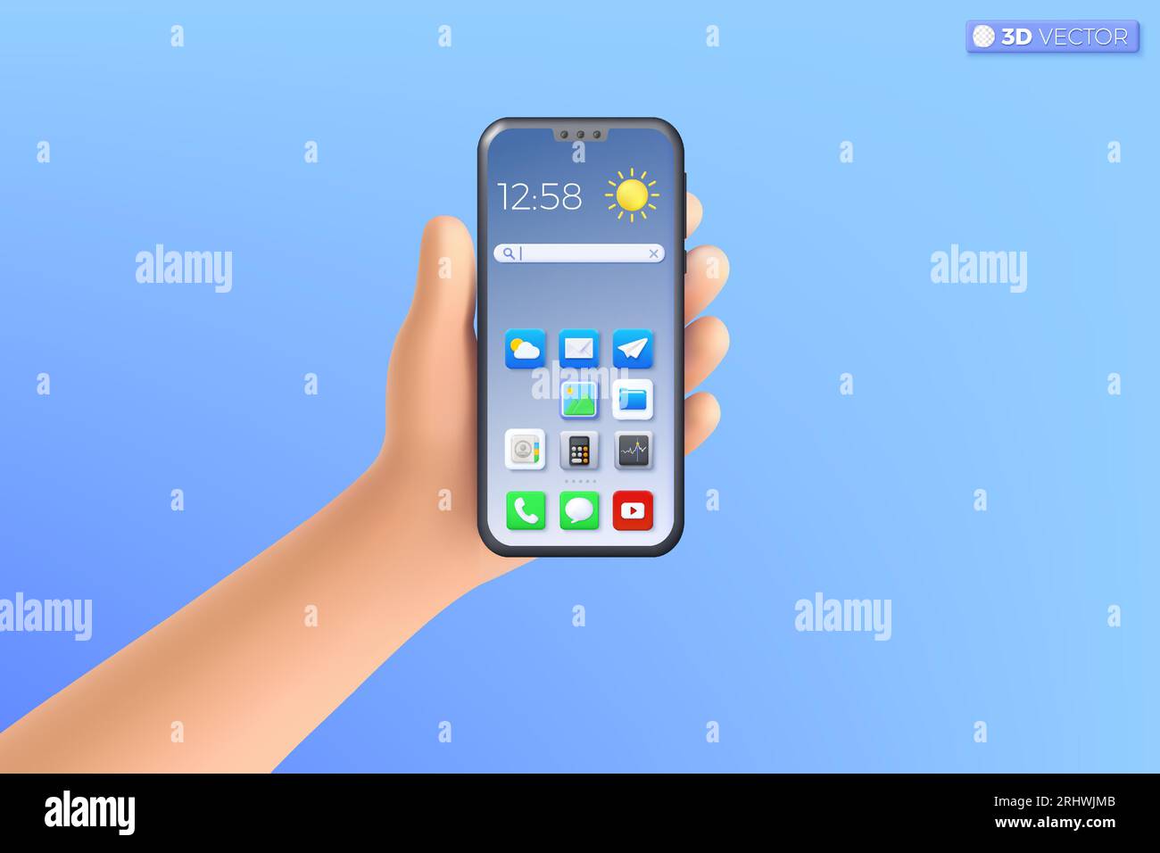 Symbol für die 3D-Handhaltung des Mobiltelefons. Realistisches Smartphone mit leerem Bildschirm, Telefonmodell. Konzept der mobilen Vorlage für bearbeitbare Geräte. 3D-Vektor-iso Stock Vektor