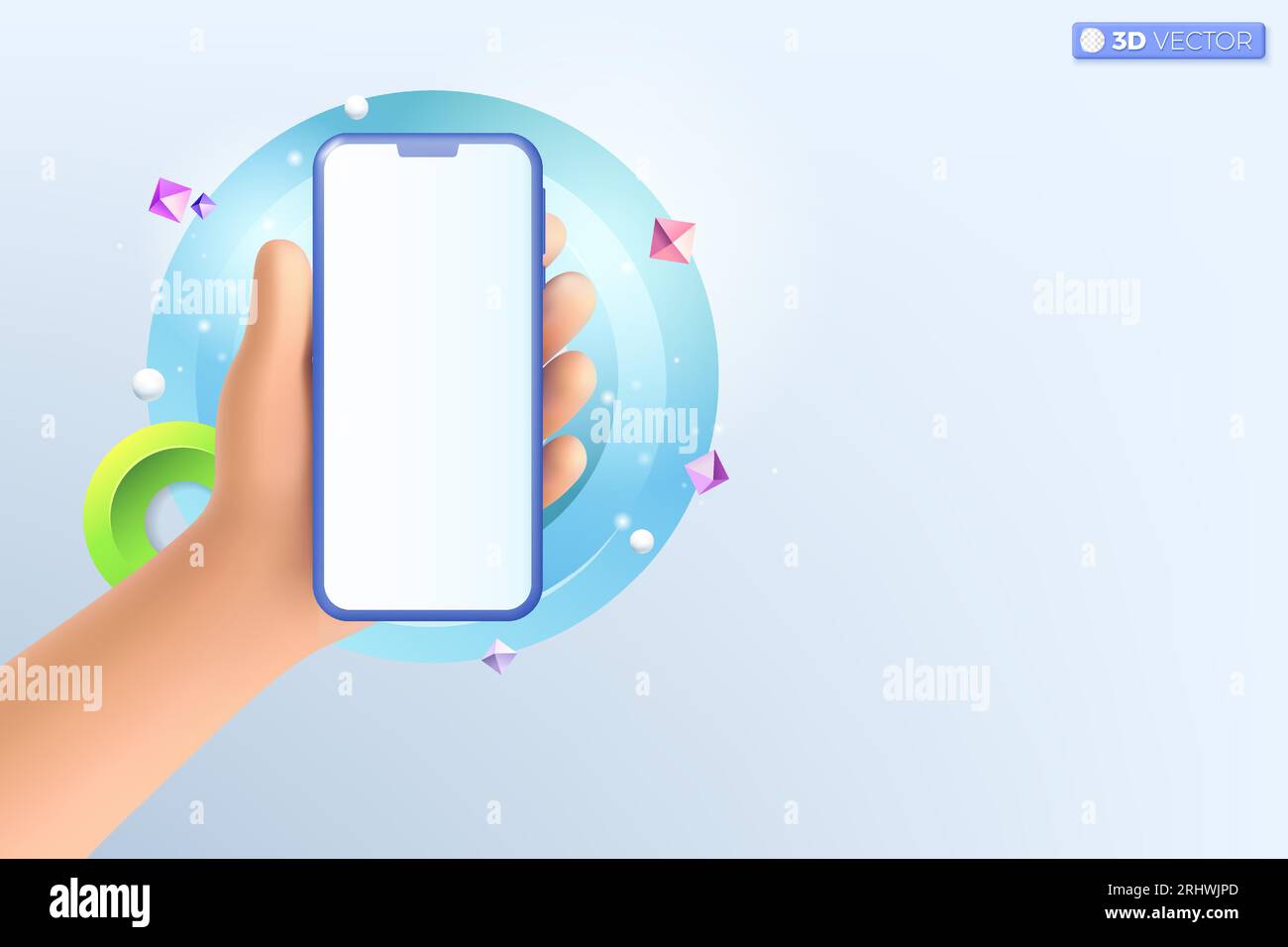 Symbol für die 3D-Handhaltung des Mobiltelefons. Realistisches Smartphone mit leerem Bildschirm auf abstraktem Hintergrund, Modell-Template-Konzept des Telefons. 3D-Vektorisol Stock Vektor