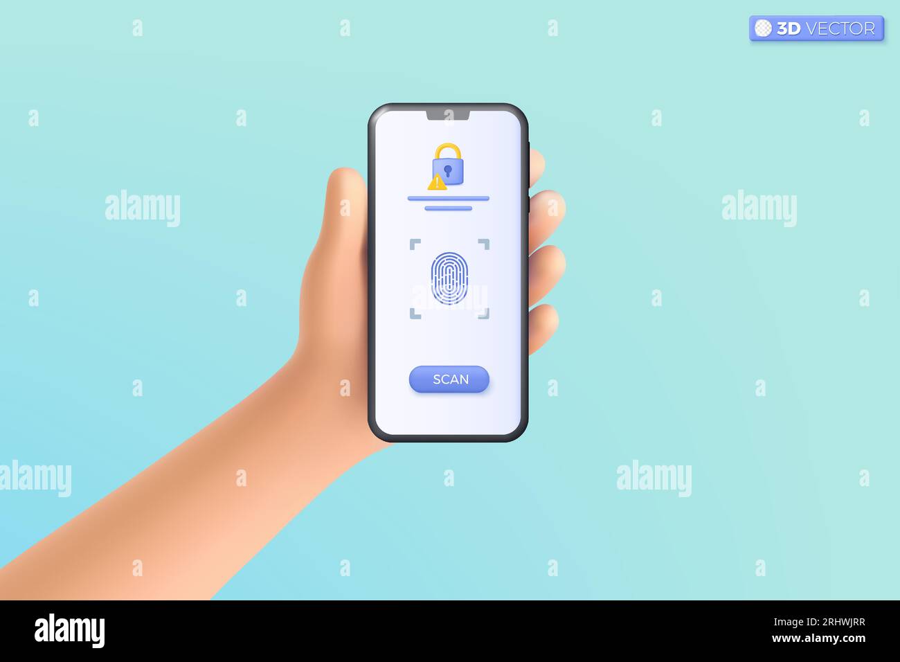 3D-Symbol für Cyber-Secure-Fingerabdruck-Fingerabdruck-Symbol für Mobiltelefone mit der Hand. Erkennungsidentität, Sicherheitskonzept für biometrische Autorisierung. 3D-Vektorisol Stock Vektor