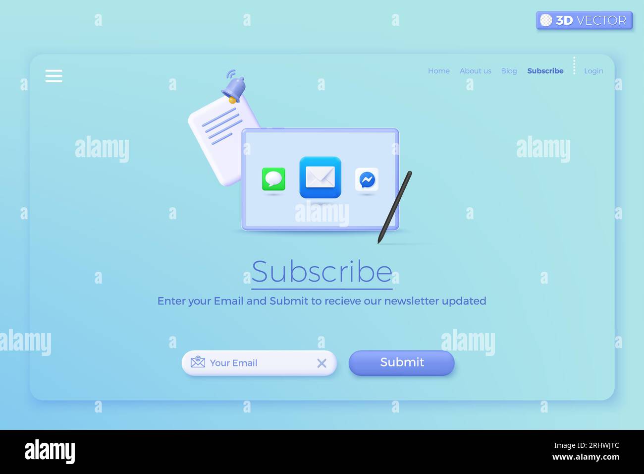 3D Newsletter und Banner-Vorlage für Werbeaktionen abonnieren. Einladung zur Teilnahme am Kundenbewusstsein. E-Mail-Marketingkonzept für Unternehmen. 3D-Vektor isoliert Stock Vektor