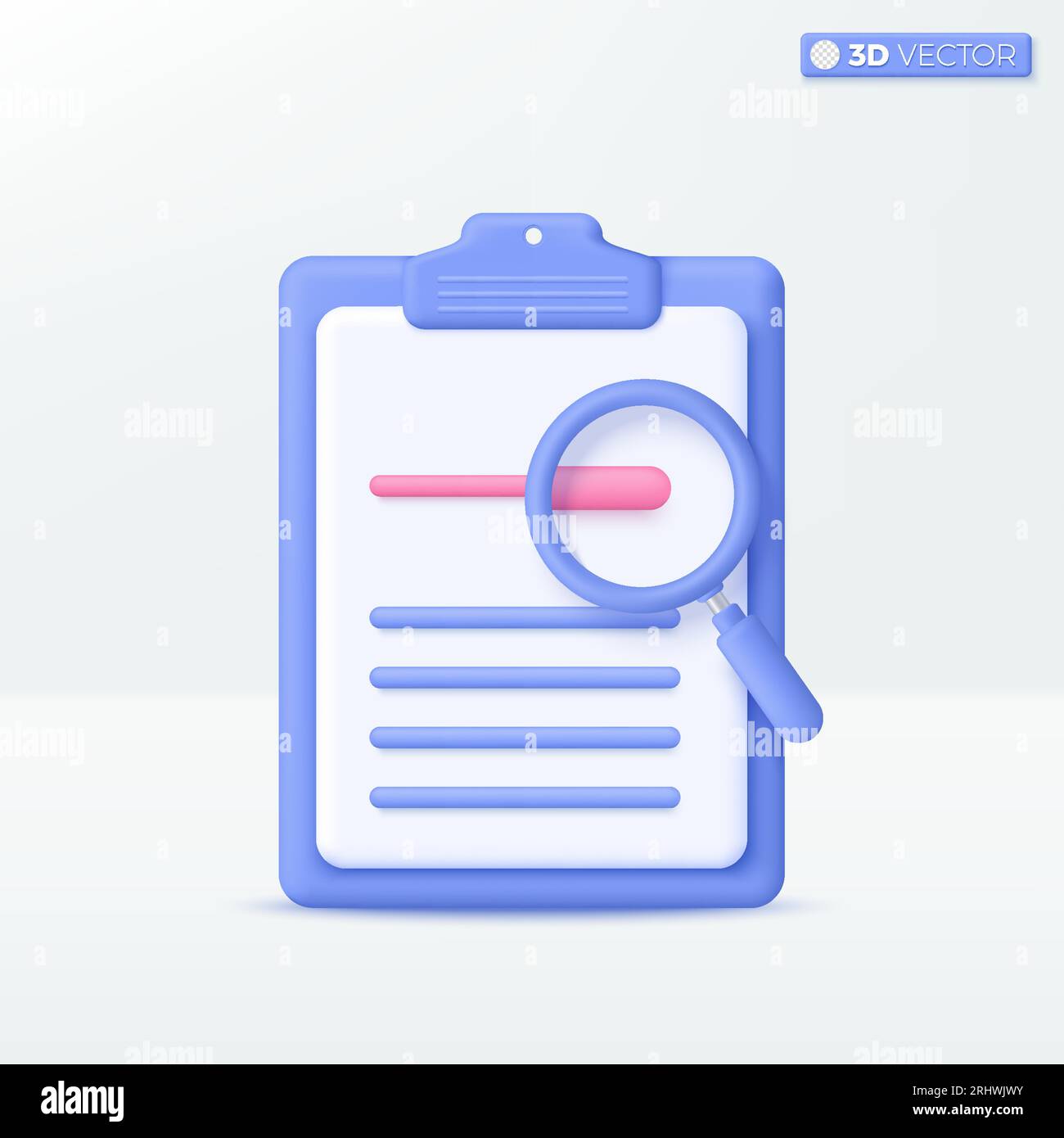 Symbol für 3D-Vergrößerungsglas mit Papier auf der Zwischenablage. Abschluss des Konzepts „Business Assignment, Research, Business Data Check“ erfolgreich. 3D-Vektor i Stock Vektor