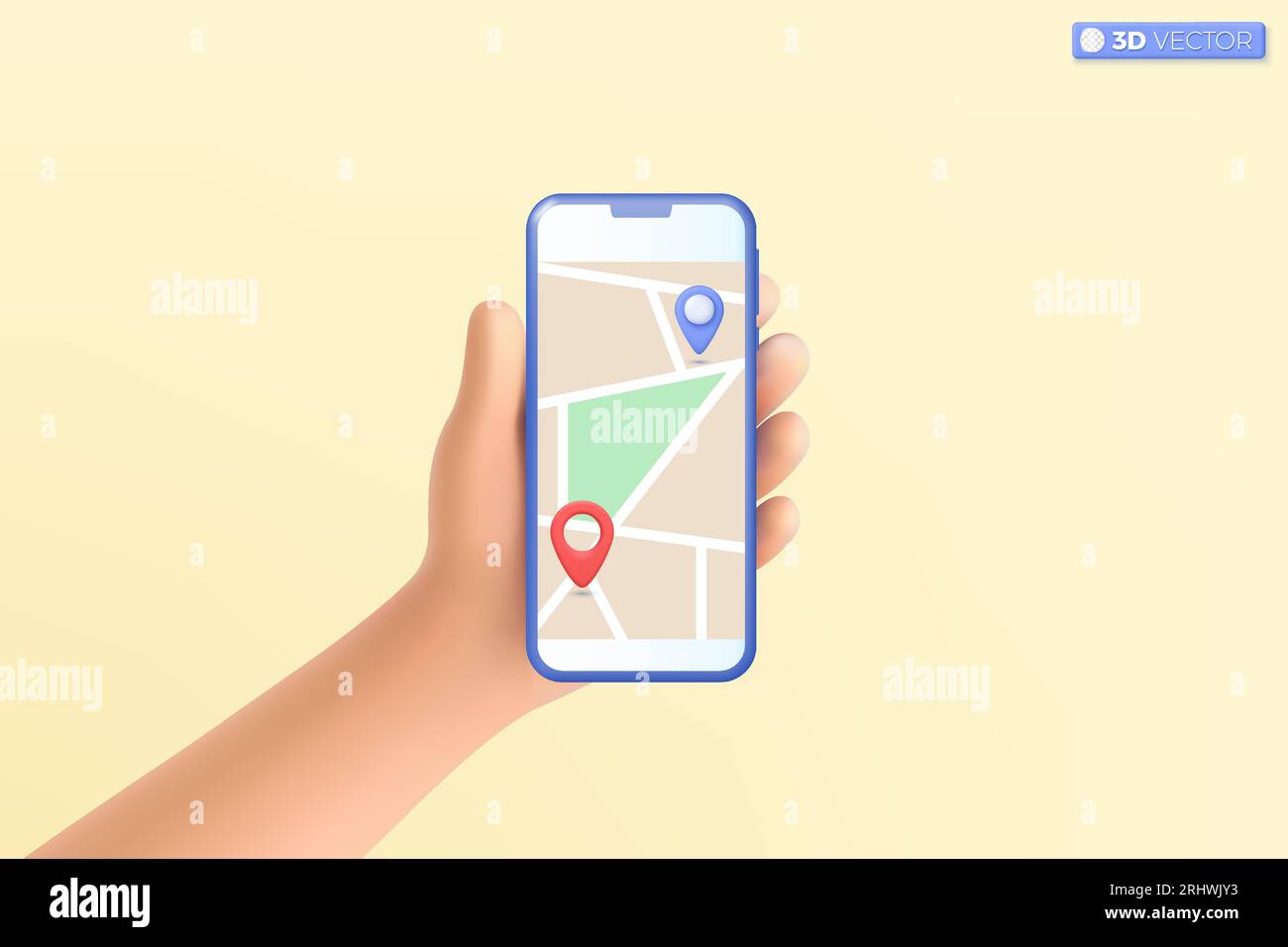 3D-Handgriff, der das Mobiltelefon mit dem Symbol für das Kartensymbol in der Hand hält. Lieferverfolgung, Standort, Ziel, gps-Kartennavigationskonzept. 3D-Vektor-iso Stock Vektor