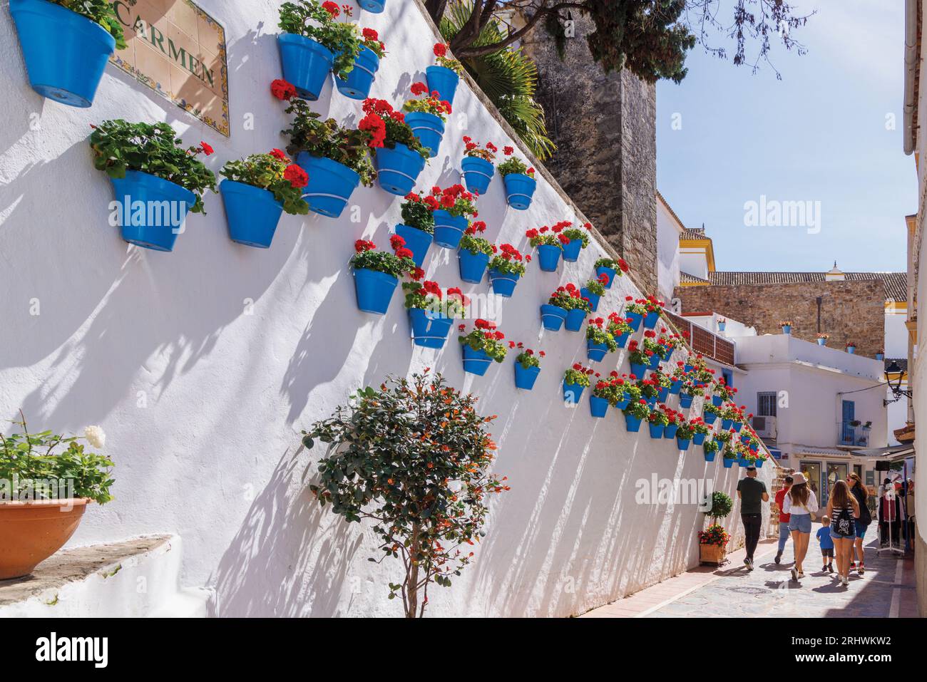 Marbella, Costa del Sol, Provinz Malaga, Andalusien, Südspanien. Geranienreihe in blauen Blumentöpfen in der Calle Carmen. Stockfoto
