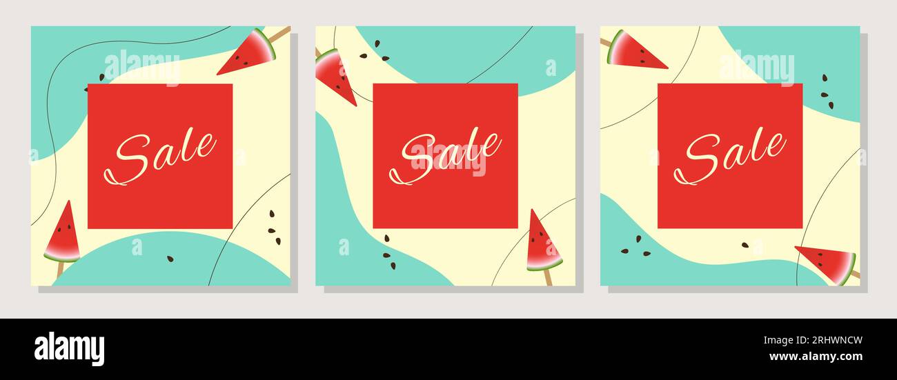 Poster Vorlage Verkauf mit Wassermelonenscheibe, rotem und grünem Hintergrund Boho-Stil, Werbemannern Set. Vektorillustration Stock Vektor