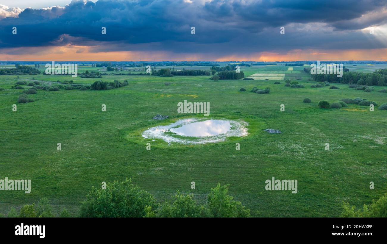 Feld mit Bäumen Landschaft aus der Luft bei Sonnenuntergang Licht und Wasserloch in der Mitte, Woiwodschaft Podlasie, Polen, Europa Stockfoto