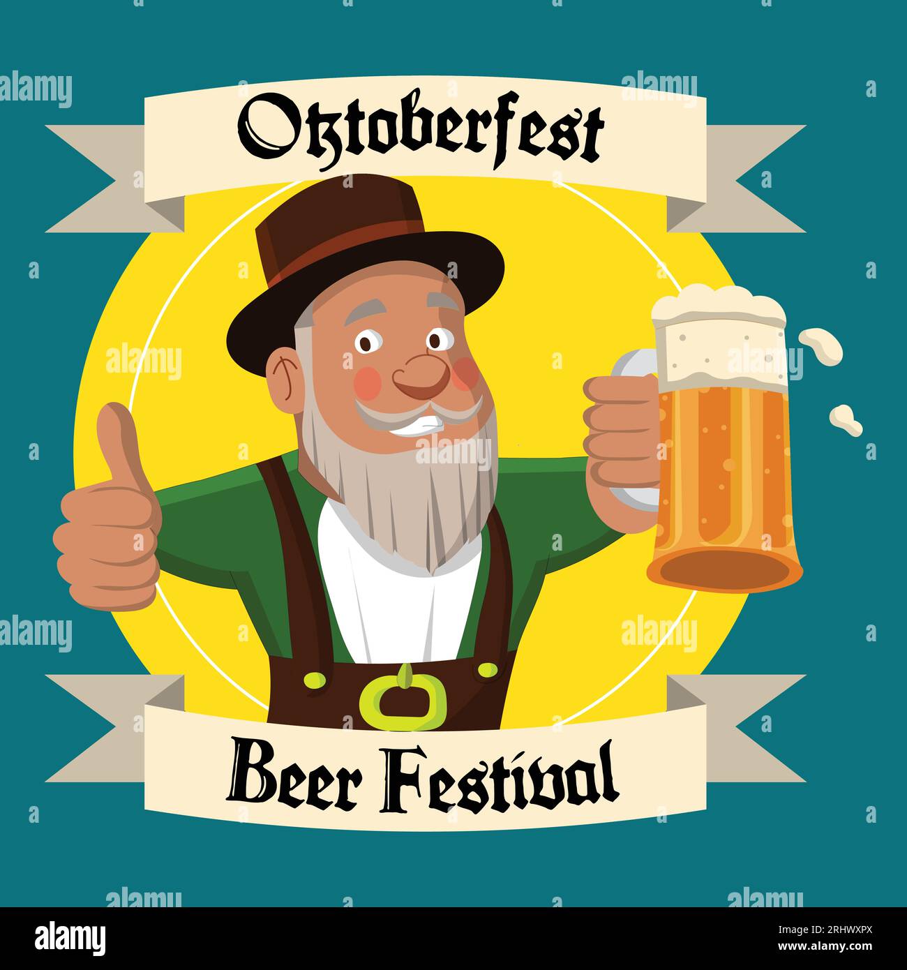 Figur, die einen Bierbecher für das Oktoberfest auf einem Banner-Hintergrund hält Stock Vektor