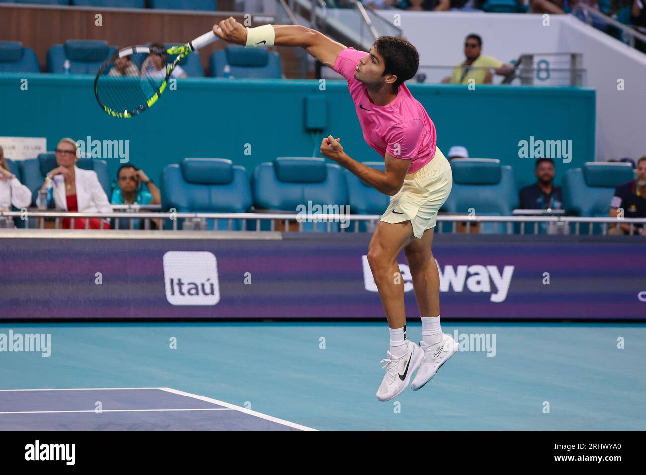 Florida, USA, Miami Open Tennis, 31.03.2023, Hard Rock Stadium, Carlito Alcaraz in Aktion. Foto: Chris Arjoon/Credit Stockfoto