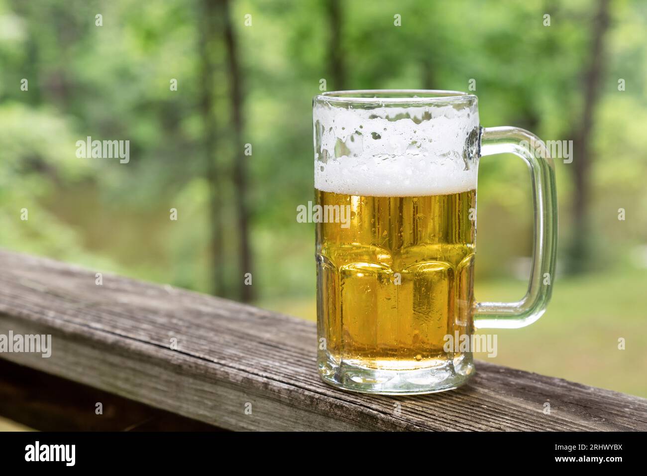 Bier im Glasbecher draußen auf dem alten Deck Geländer mit Naturhintergrund Stockfoto