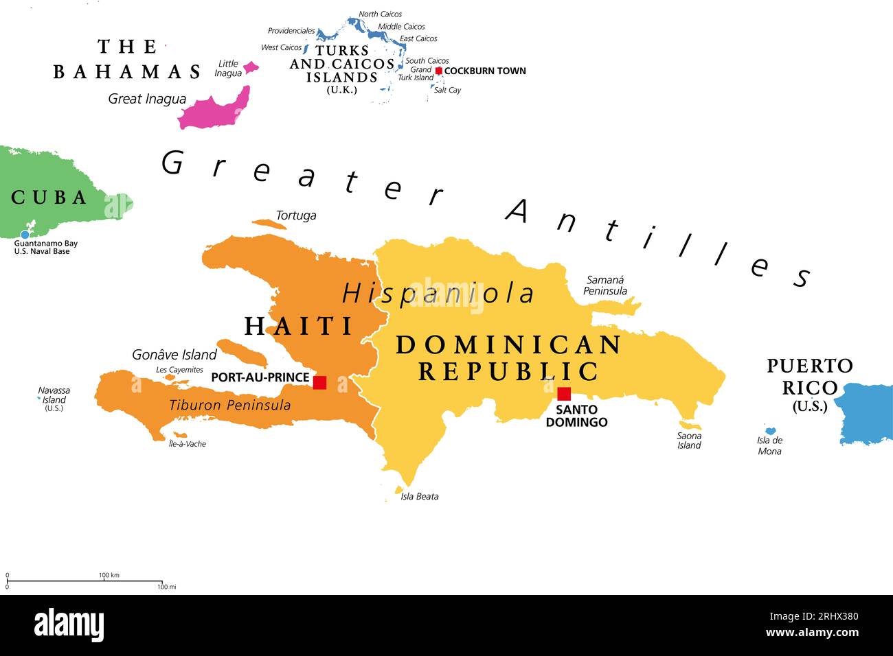 Hispaniola und Umgebung, farbige politische Karte. Die karibische Insel ist in Haiti und die Dominikanische Republik unterteilt, die zu den Großen Antillen gehören, neben Kuba. Stockfoto