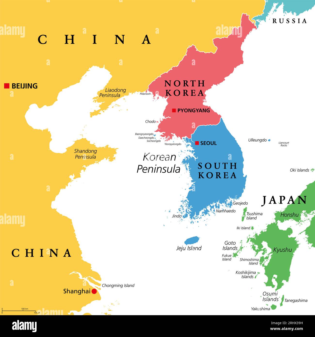 Koreanische Halbinsel, farbige politische Karte. Halbinsel Korea in Ostasien, aufgeteilt zwischen Nord- und Südkorea. Stockfoto