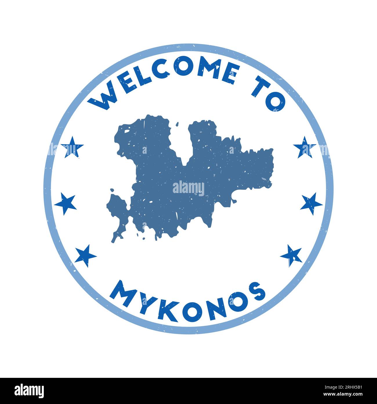 Willkommen bei Mykonos Stamp. Runder Grunge Island Stempel mit Textur im Farbmotiv des Wing Commander. Geometrisches Mykonos-Siegel im Vintage-Stil. Stock Vektor