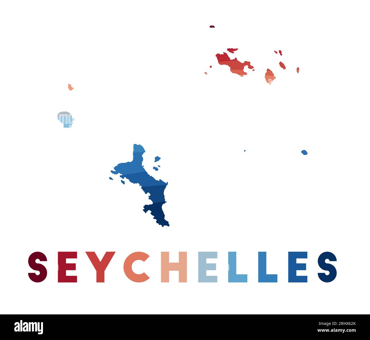Karte Seychellen. Karte der Insel mit wunderschönen geometrischen Wellen in rot-blauen Farben. Lebendige Seychellen-Form. Vektorillustration. Stock Vektor