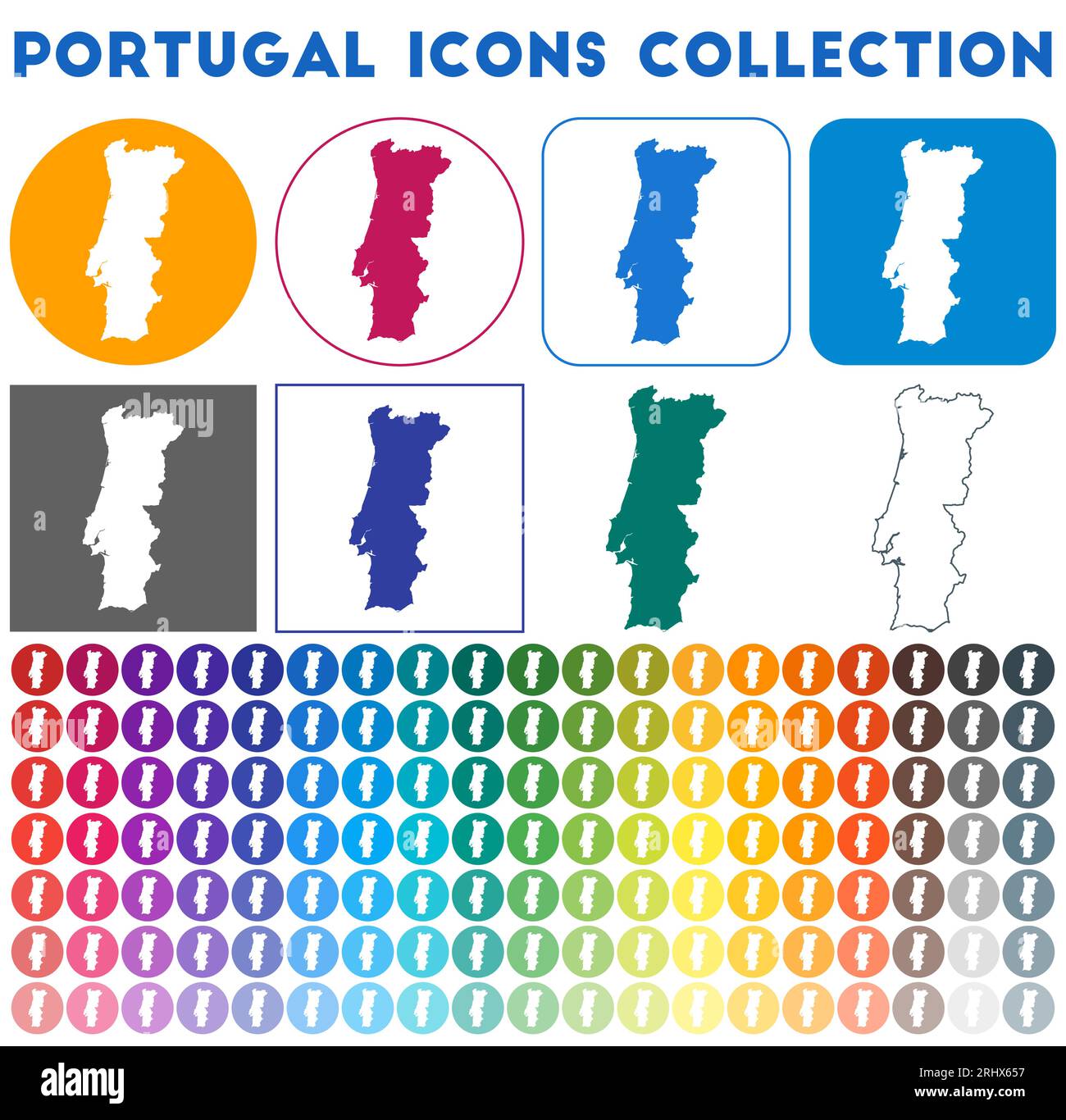Portugal Icons Kollektion. Farbenfrohe, trendige Kartensymbole. Modernes portugiesisches Abzeichen mit Landkarte. Vektorillustration. Stock Vektor