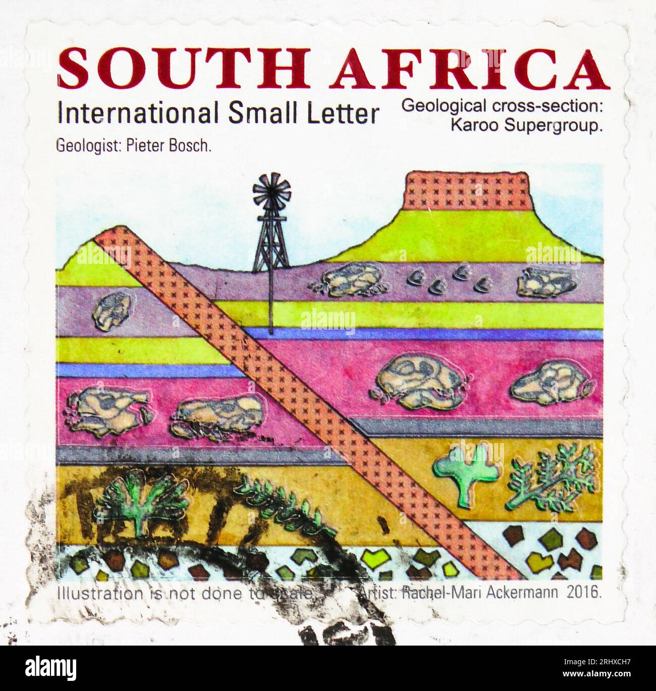 MOSKAU, RUSSLAND - 8. JUNI 2023: Postmarke gedruckt in Südafrika zeigt Geological Cross Section Karoo Supergroup, South African Geology Series, circ Stockfoto
