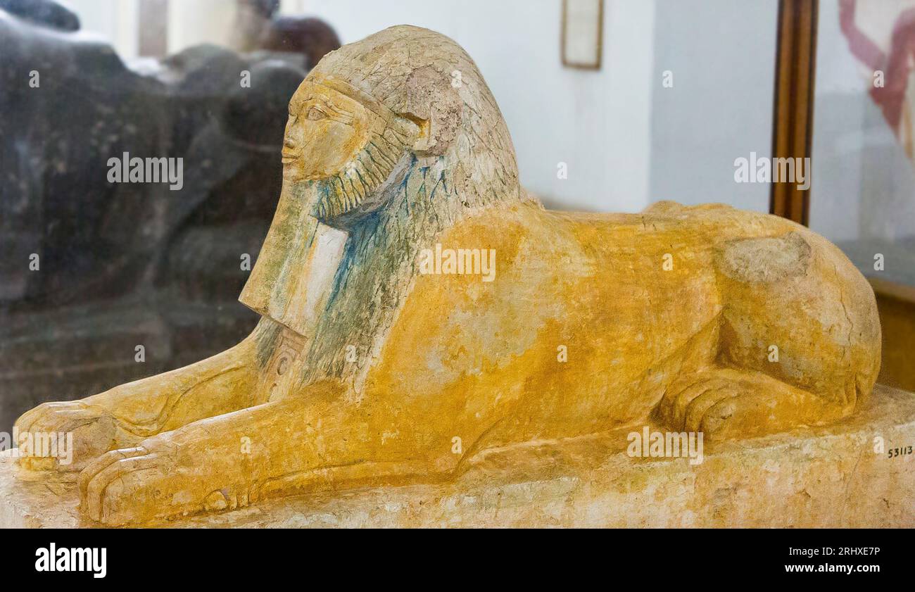 Kairo, Ägyptisches Museum, Sphinx der Hatschepsut, relativ ungewöhnlich, da sein Kopf Löwenmerkmale (Mähne) hat, während dies in der Regel nur sein Körper ist. Stockfoto