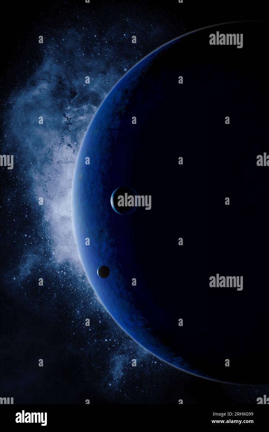 Ein beleuchteter blauer Planet mit seinen Monden vor einem Hintergrund von Sternen Stockfoto