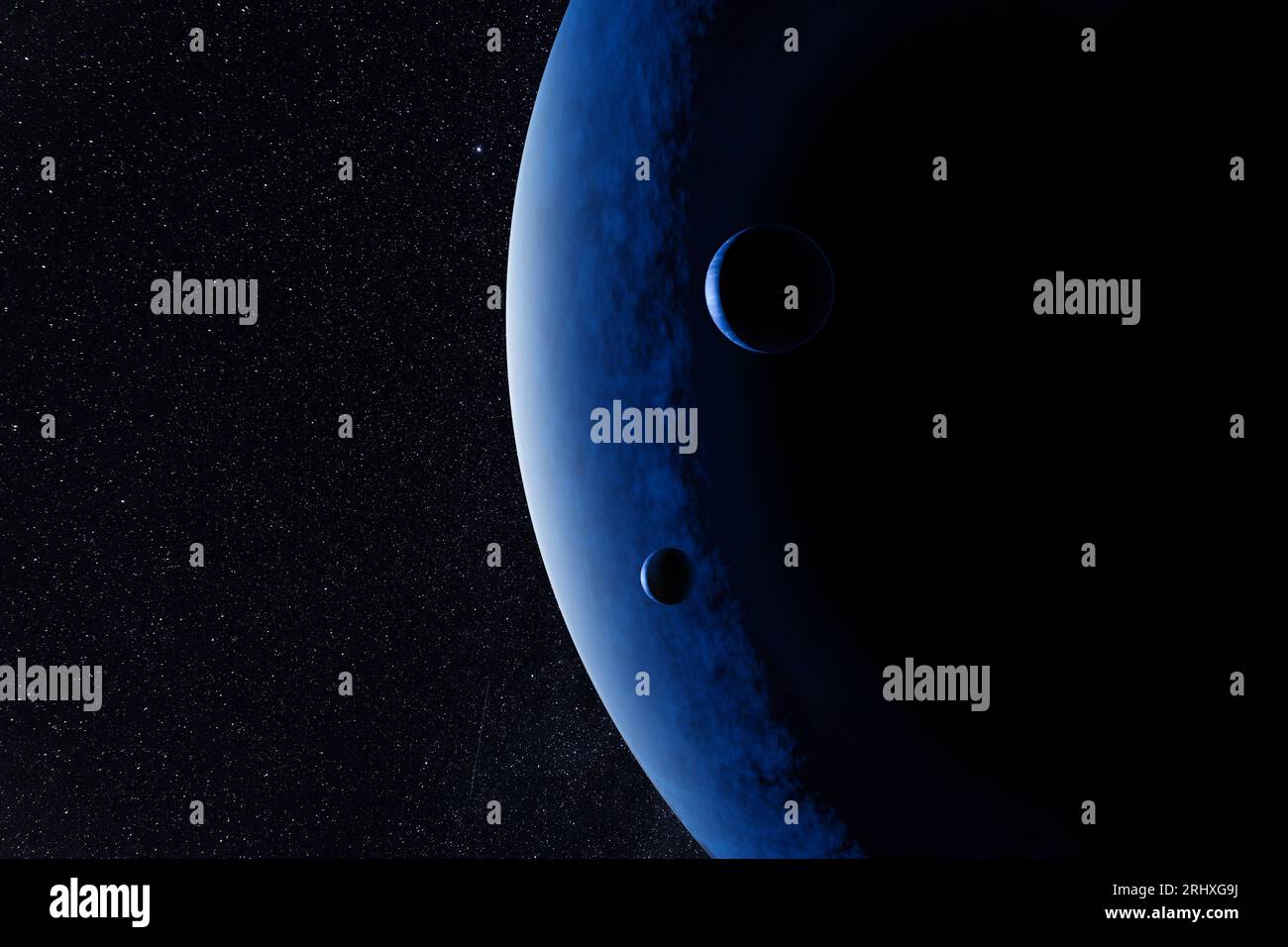 Ein beleuchteter blauer Planet mit seinen Monden vor einem Hintergrund von Sternen Stockfoto