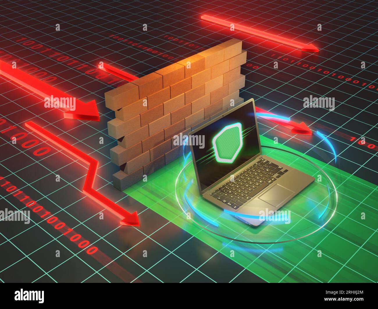 Laptop hinter einer Firewall, geschützt vor Cyberbedrohungen und Online-Angriffen. Digitale Illustration, 3D-Rendering. Stockfoto