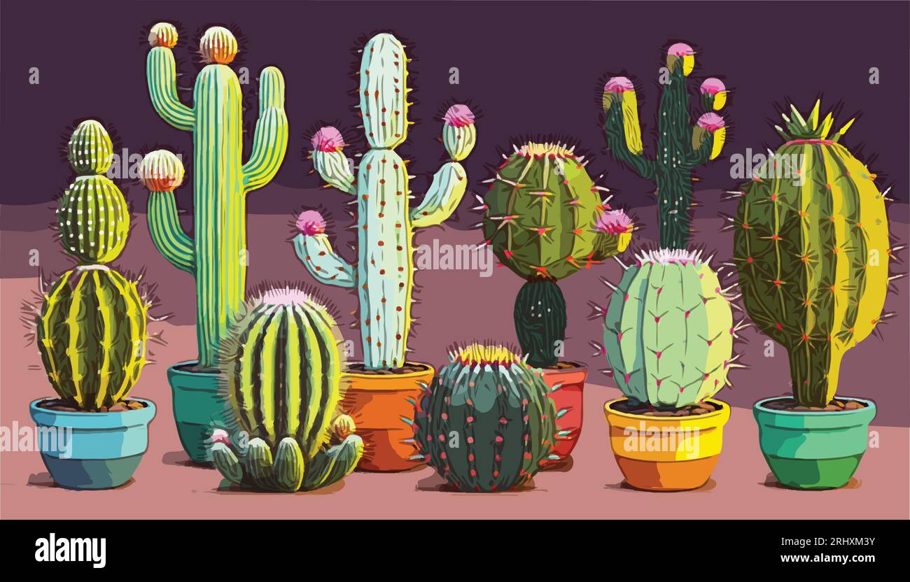 Kakteen auf pastellfarbenem Hintergrund. Stachelbirne und Fasskaktus Desert Collection. Vektor Art. Sukkulent Garden Hintergrund. Hintergrundbild Der Natur. Stock Vektor