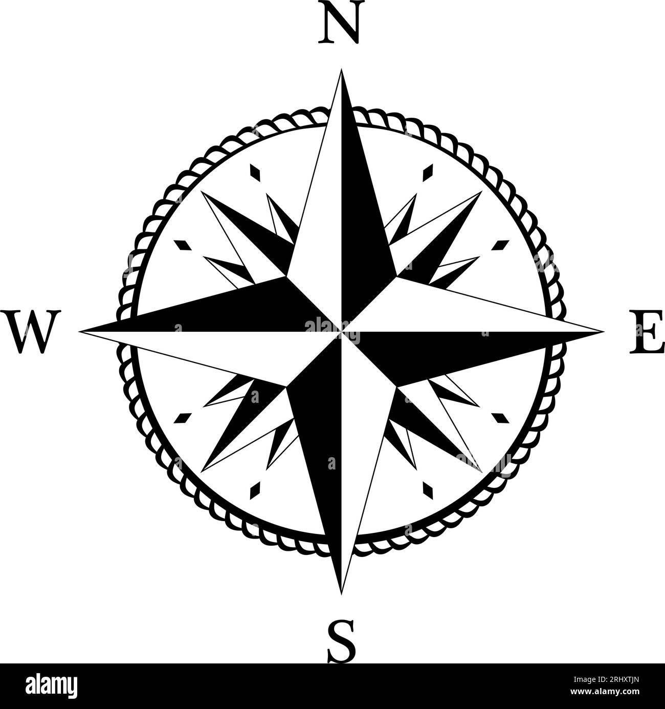 Kompassrose Vektor mit vier Windrichtungen. Wind Rose mit abstraktem Kordelrahmen und sechzehn Spike Wind Rose. Stock Vektor