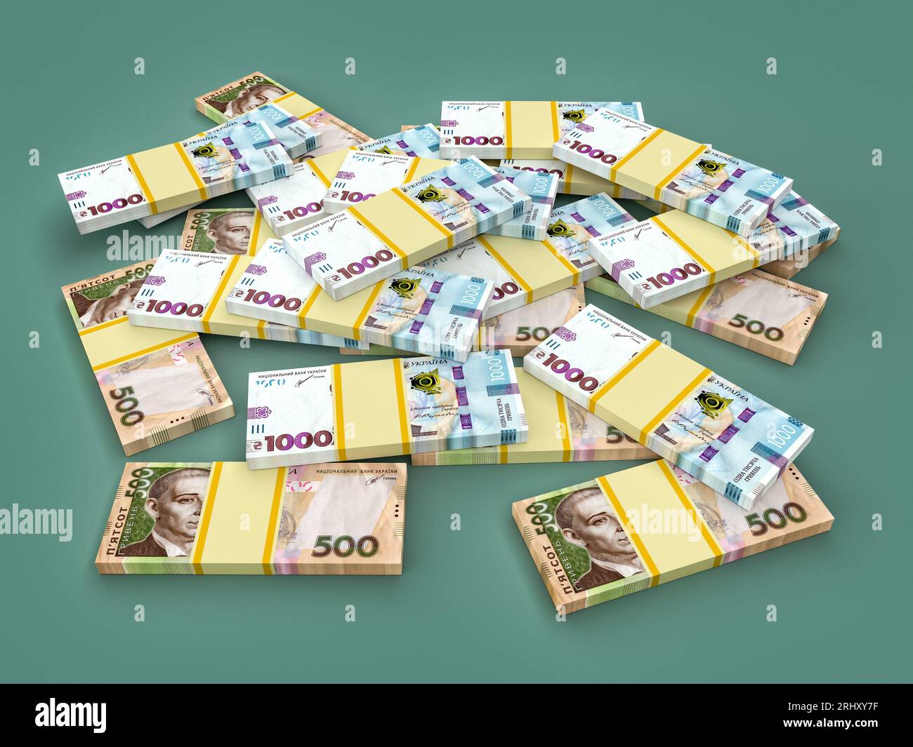 Ein Stapel ukrainischer Geldhirwna (Griwna, Hrywna) mit 1000 Banknoten. Finanzkonzept. 3D-Rendering Stockfoto