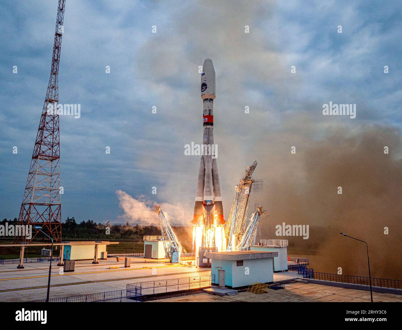 Tsiolkowski, Russland. August 2023. Luna 25 startet vom Vostochny Cosmodrome. Luna-25 wird die erste Station der Welt sein, die in der nahezu polaren Zone des Mondes landet. (Bild: © Roscosmos/ZUMA Pres Stockfoto