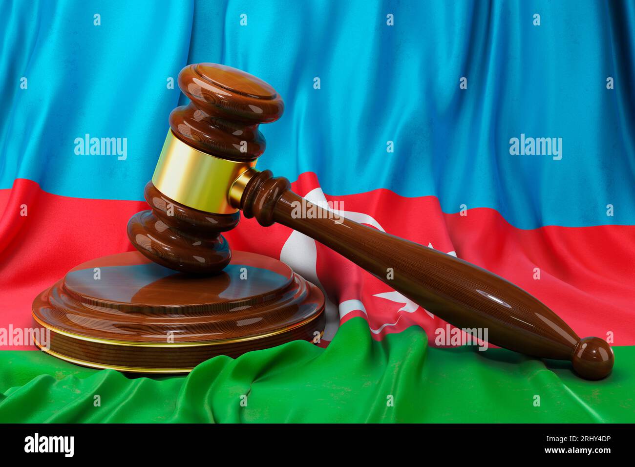 Aserbaidschanisches Recht- und Justizkonzept. Holzgabel auf der Flagge Aserbaidschans, 3D-Rendering Stockfoto