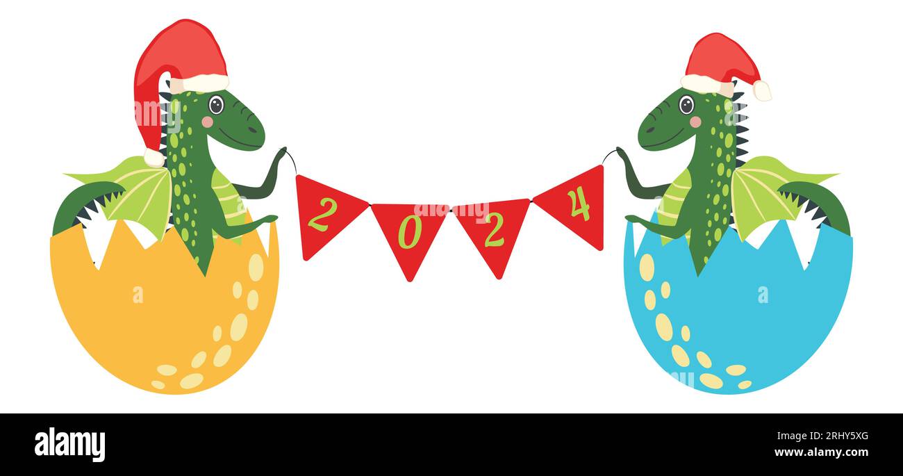 Jahr des Drachen 2024, chinesischer Kalender. Niedliche Drachen und Inschrift 2024. Stock Vektor