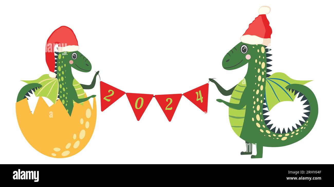Jahr des Drachen 2024, chinesischer Kalender. Niedliche Drachen und Inschrift 2024. Stock Vektor