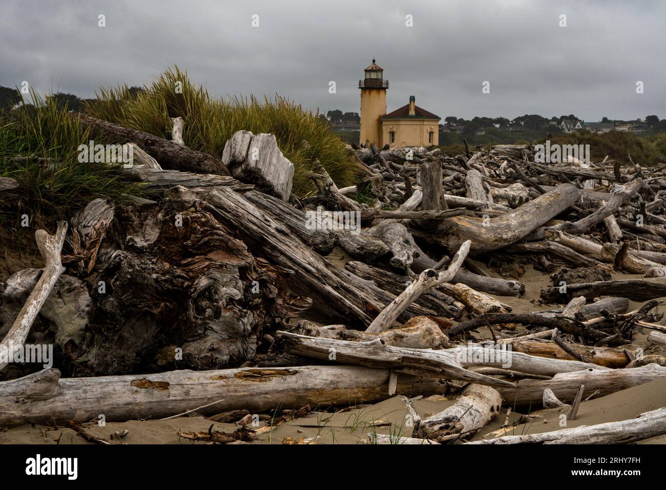 Driftwood stapelt sich am Bullards Beach in Bandon, Oregon, mit dem Coquille Lighthouse im Hintergrund. Stockfoto