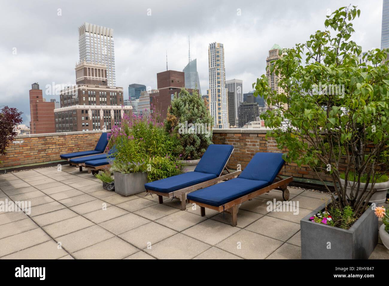 Urban Rooftop Garden im historischen Stadtviertel Murray Hill, New York City, 2023, USA Stockfoto