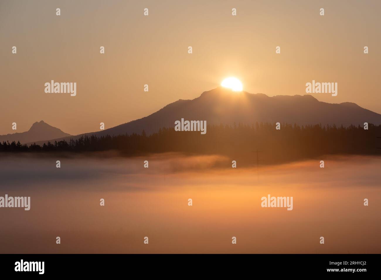 Nebel über den Feldern, Berge im Hintergrund an einem Sommermorgen im Lowel River Valley außerhalb von Snohomish und Everett Washington Stockfoto