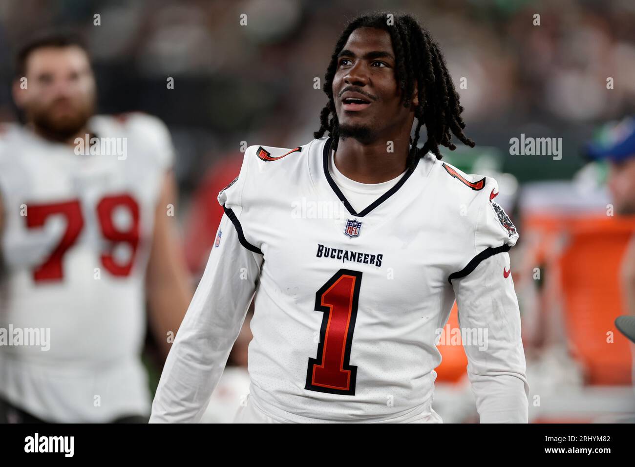 Tampa Bay Buccaneers running back Rachaad White (1) during the second half of a preseason NFL football game against the New York Jets, Saturday, Aug. 19, 2023, in East Rutherford, N.J. (AP Photo/Adam Hunger) Stockfoto