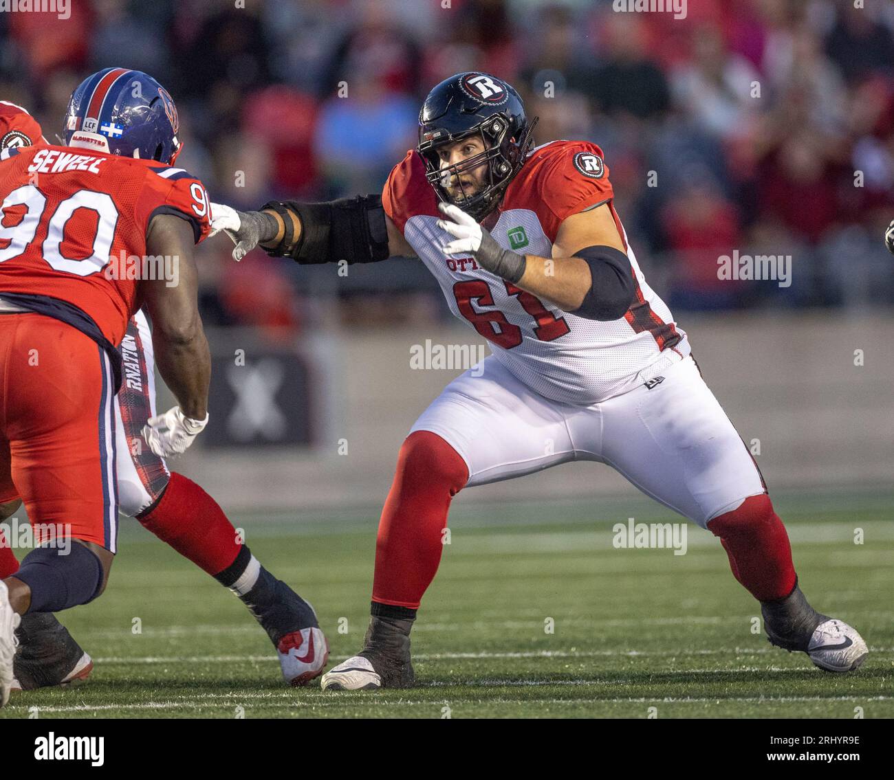Ottawa, Kanada. August 2023. O61 spielt in der regulären Saison der Canadian Football League (CFL) zwischen den Montreal Alouettes in den Ottawa Redblacks. Die Montreal Alouettes gewannen das Spiel mit 25:24. 2023 Copyright Sean Burges / Mundo Sport Images / Alamy Live News Stockfoto
