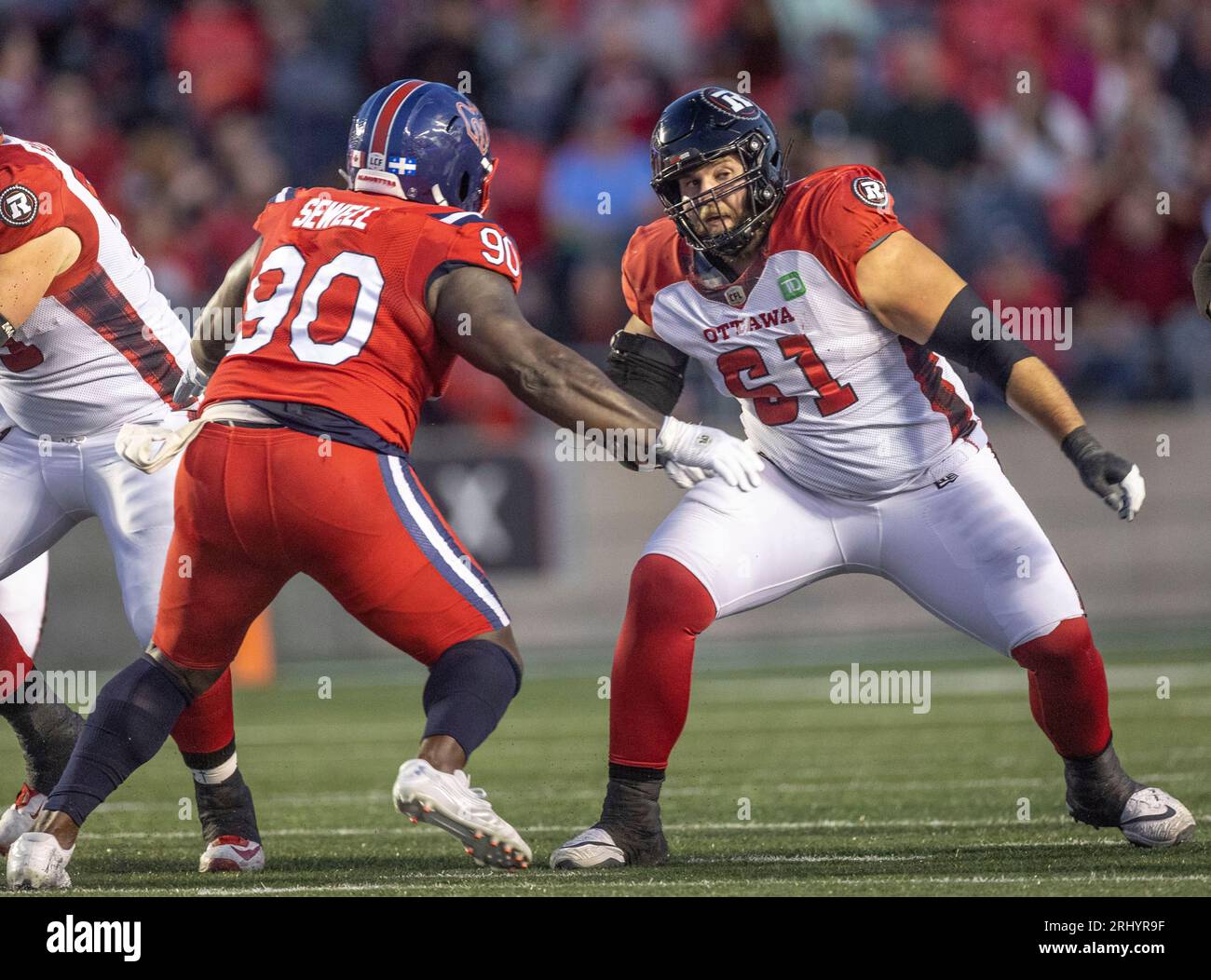 Ottawa, Kanada. August 2023. O61 spielt in der regulären Saison der Canadian Football League (CFL) zwischen den Montreal Alouettes in den Ottawa Redblacks. Die Montreal Alouettes gewannen das Spiel mit 25:24. 2023 Copyright Sean Burges / Mundo Sport Images / Alamy Live News Stockfoto