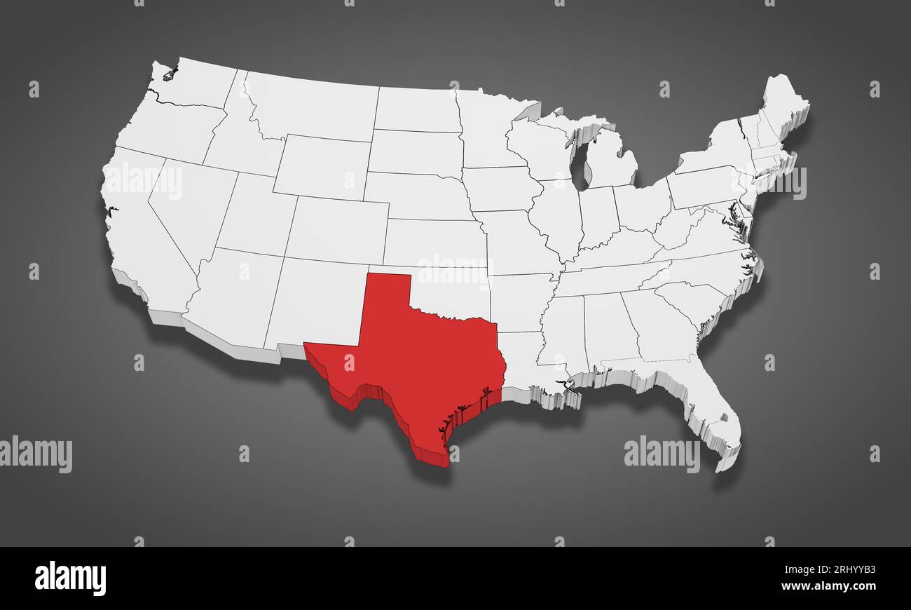 Texas State wird auf der 3D-Karte der Vereinigten Staaten von Amerika hervorgehoben. 3D-Illustration Stockfoto