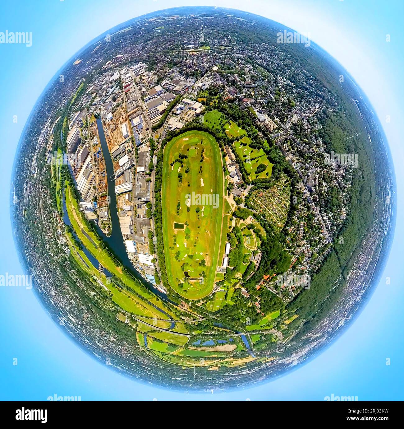 Luftaufnahme, Raffelberg Golfclub Mülheim an der Ruhr, Galopprennclub Mülheim an der Ruhr, Kugel, Fischaugenschuss, 360°-Schuss, winzige Welt, Stockfoto