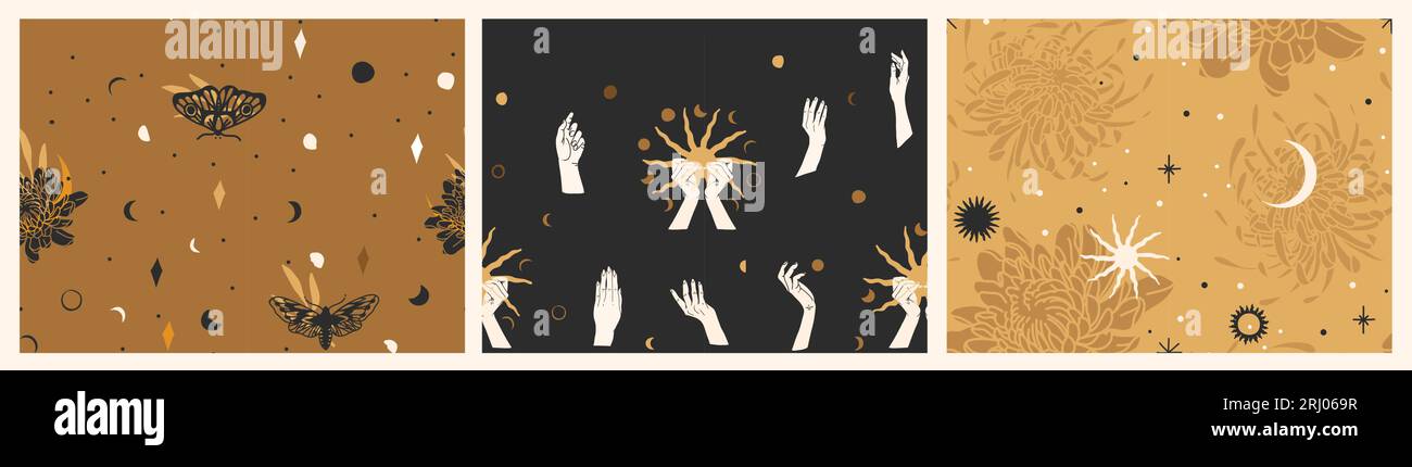 Hand gezeichnet Vektor abstrakt flach Stock Grafik Illustration nahtlose Mustersammlung mit Magie Astrologie himmlischen goldenen Mondphasen, Blumen gesetzt Stock Vektor