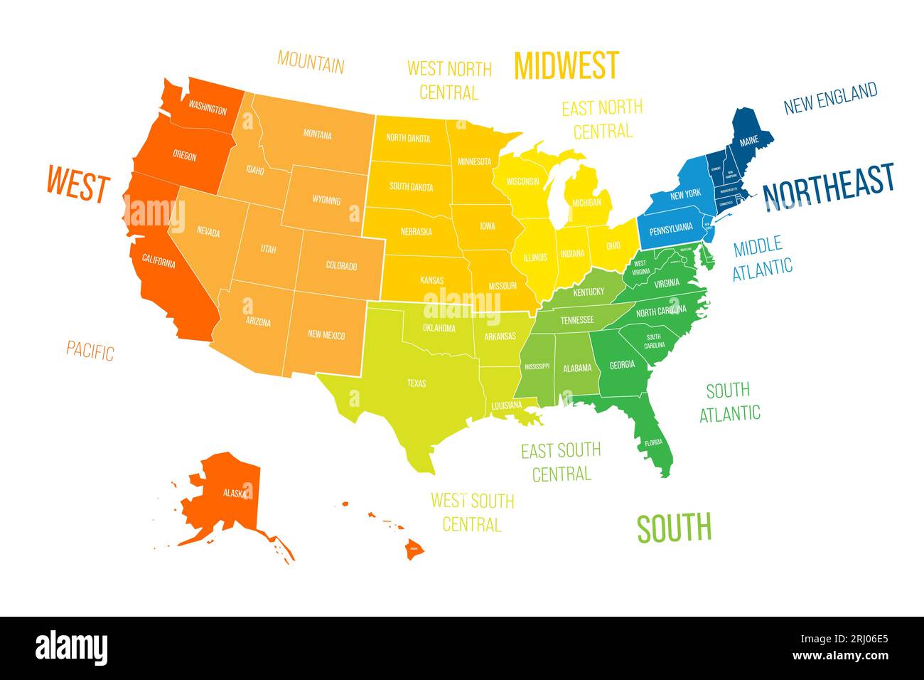 Regionen und Abteilungen der Vereinigten Staaten – statistische Einheiten, die vom US Census Bureau definiert werden. Farbenfrohe Vektorkarte. Stock Vektor