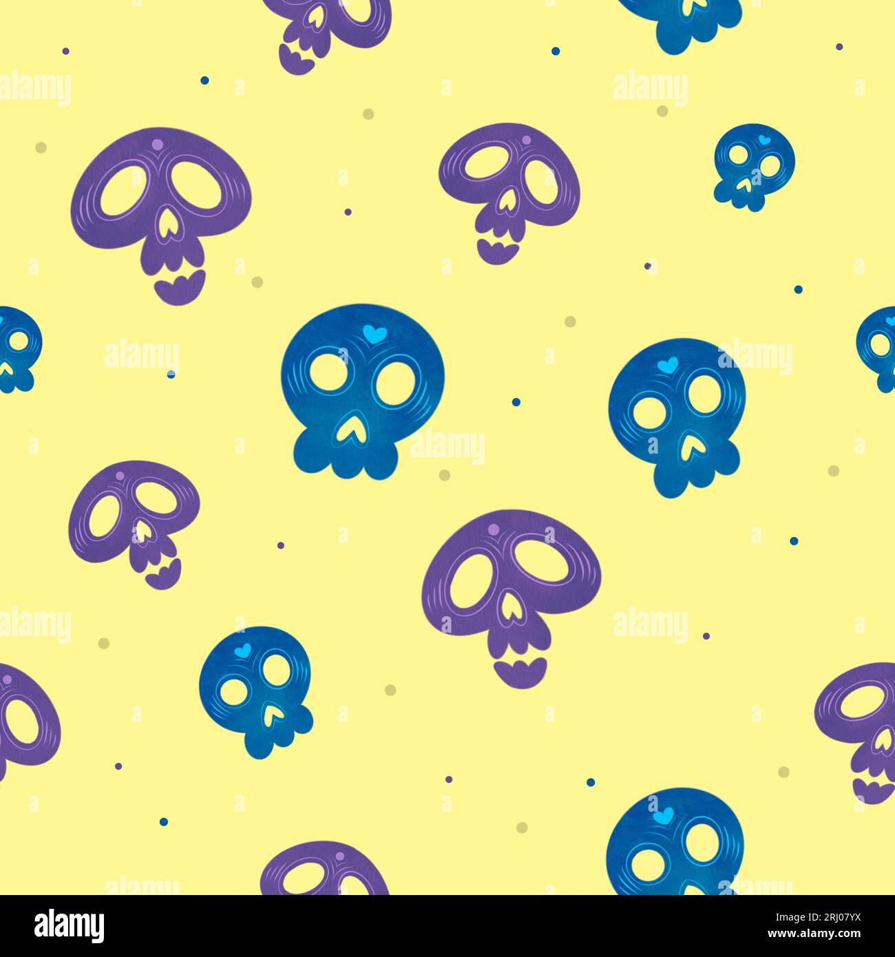 Nahtloses Dia de los Muertos-Muster mit violetten und blauen Schädeln auf gelbem Hintergrund Stockfoto