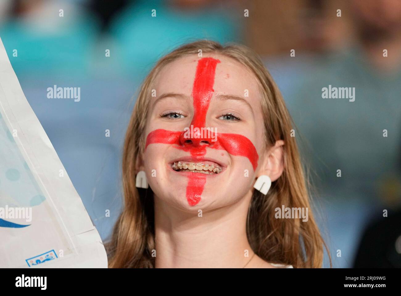 August 2023: . Englische Fans während eines Finalspiels der FIFA-Frauen-Weltmeisterschaft, Spanien gegen England, im Olympiastadion in Sydney, Australien. Kim Price/CSM Stockfoto
