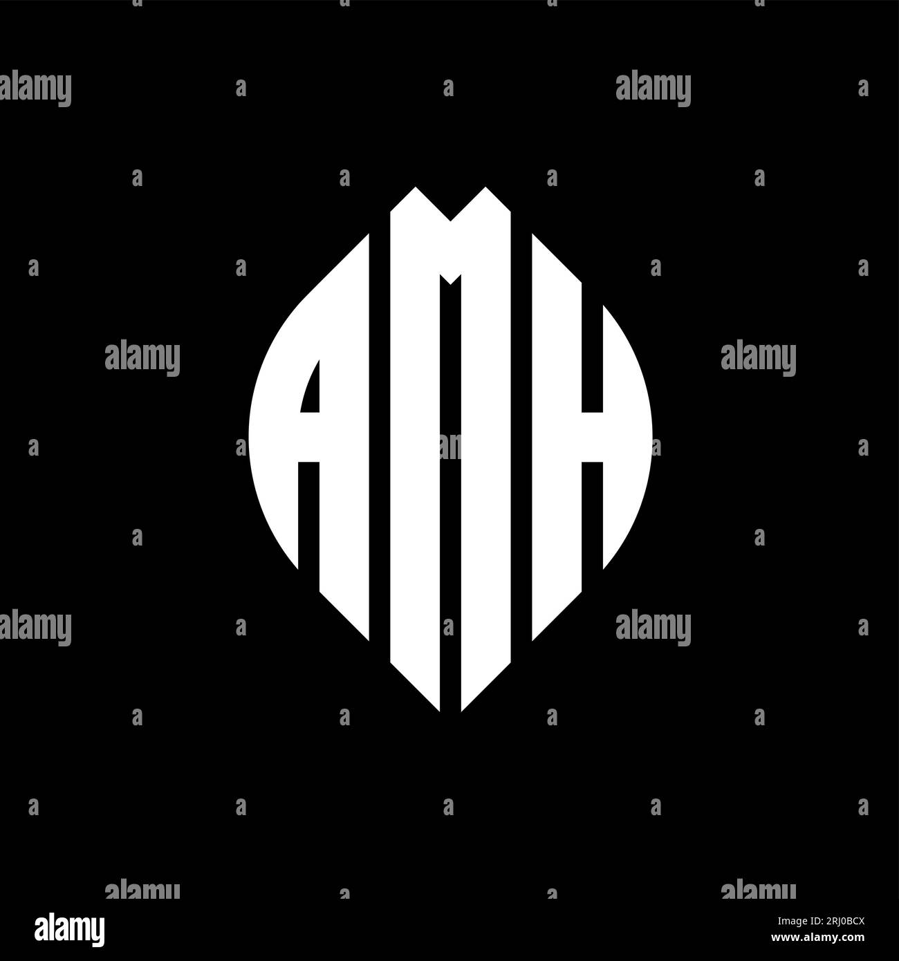 AMH-Logo mit kreisförmigem Buchstaben und Ellipsenform. AMH-Ellipsenbuchstaben im typografischen Stil. Die drei Initialen bilden ein kreisförmiges Logo. AMH CI Stock Vektor