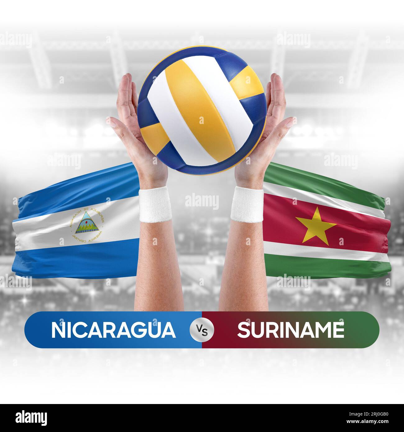 Nicaragua gegen Suriname Nationalmannschaften Volleyball Volleyball-Ball-Match-Konzept. Stockfoto
