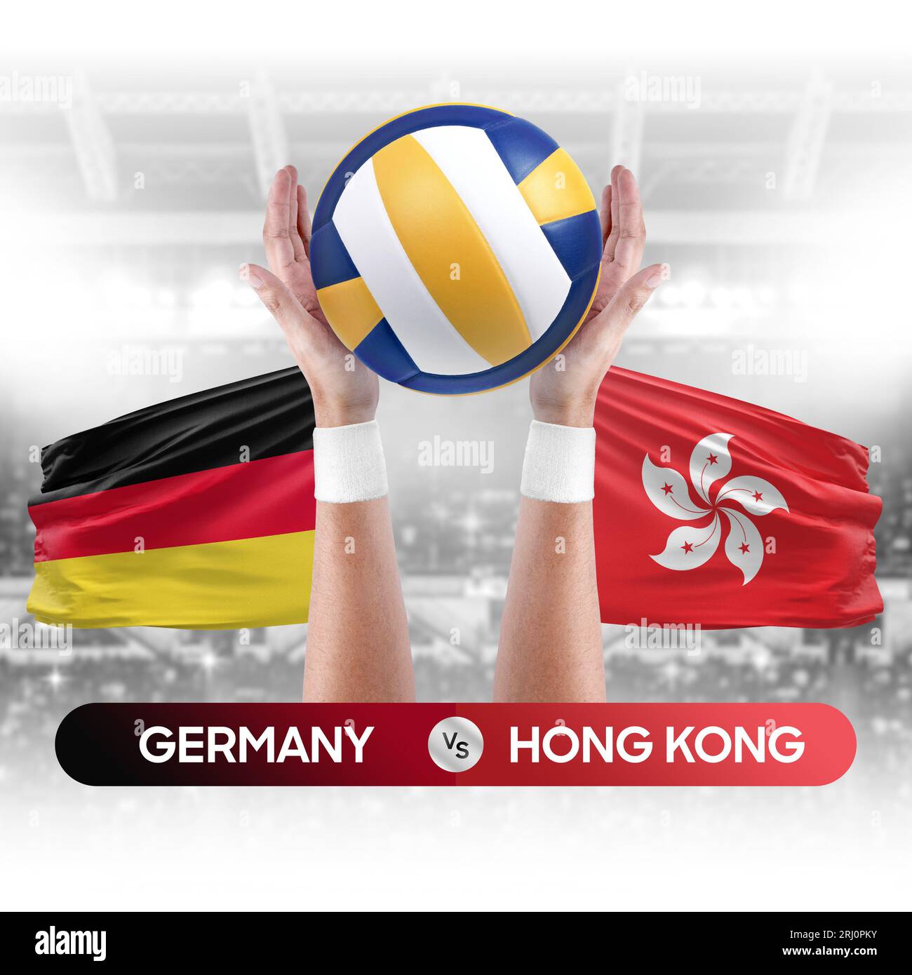 Deutschland gegen Hong Kong Nationalmannschaften Volleyball Volleyball-Ball-Match-Konzept. Stockfoto