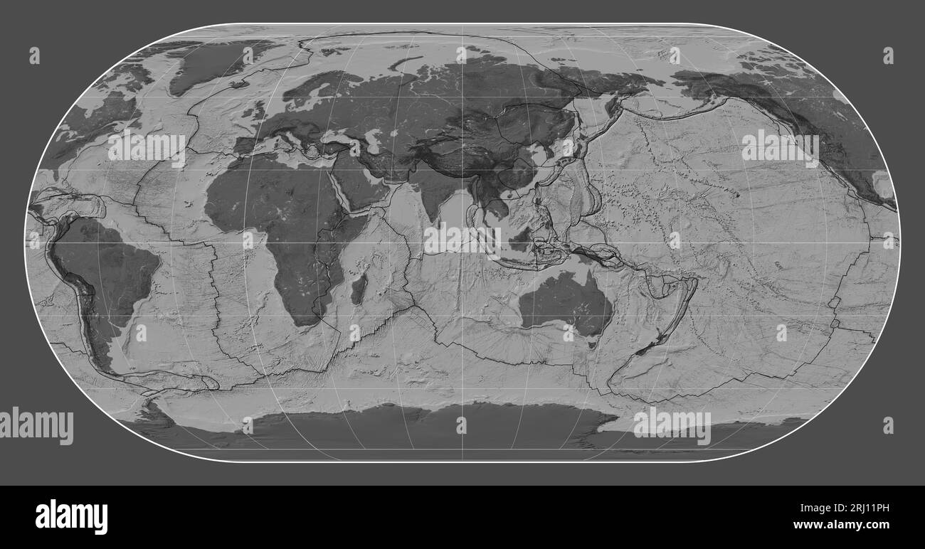 Tektonische Plattengrenzen auf einer zweistufigen Weltkarte in der Eckert-III-Projektion um den Meridian 90 östlicher Länge Stockfoto