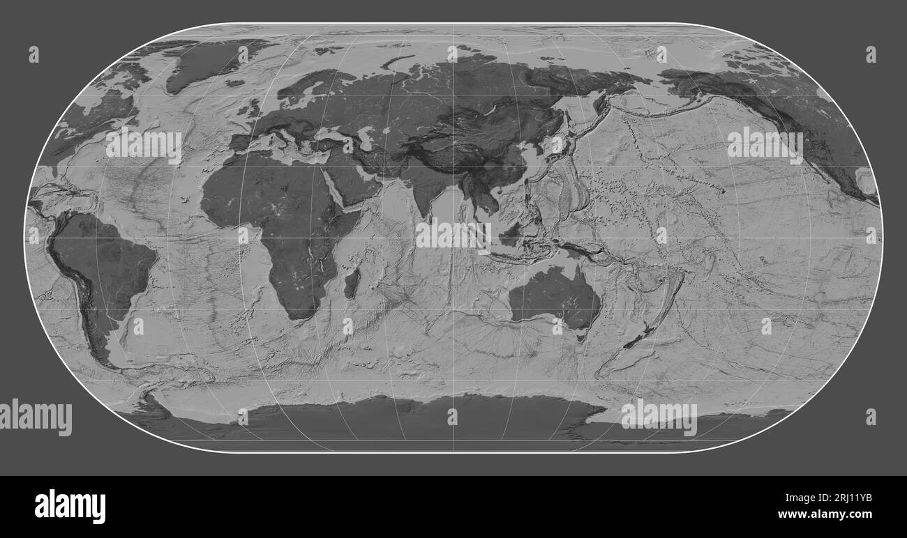 Bilevel-Karte der Welt in der Eckert-III-Projektion, zentriert auf dem Meridian 90 östlicher Länge Stockfoto