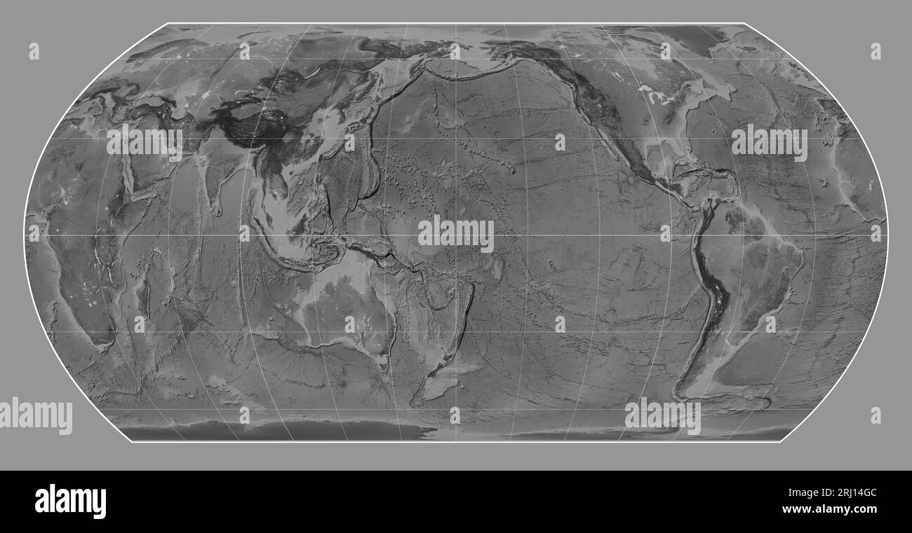 Grauskala-Karte der Welt in der asymmetrischen Hatano-EQUAL-Area-Projektion, zentriert auf dem Meridian 180 Längengrad Stockfoto