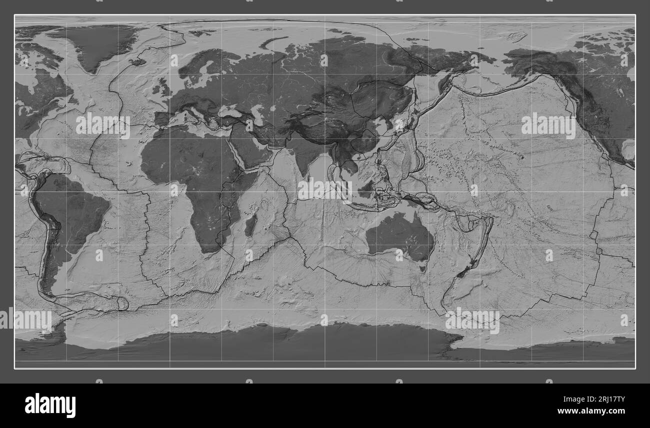 Tektonische Plattengrenzen auf einer zweistufigen Karte der Welt in der zylindrischen Projektion von Patterson, die auf dem 90. Längengrad des östlichen Meridians zentriert ist Stockfoto