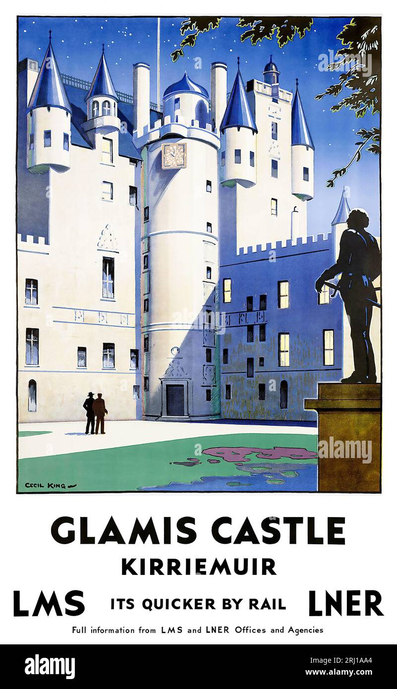 1935 Vintage Cecil King Glamis Castle, Kirriemuir, Schottland, Werbeplakate für Bahndienste Stockfoto
